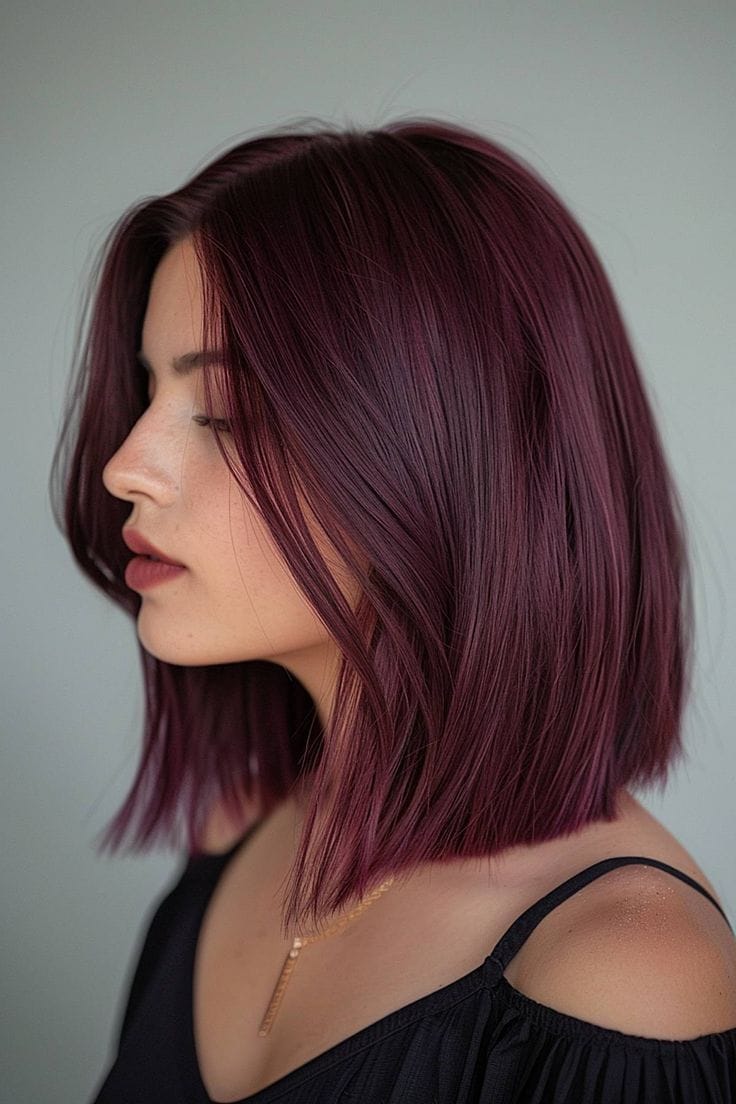 BOB CUT WITH BURGUNDY HAIR COLOUR.